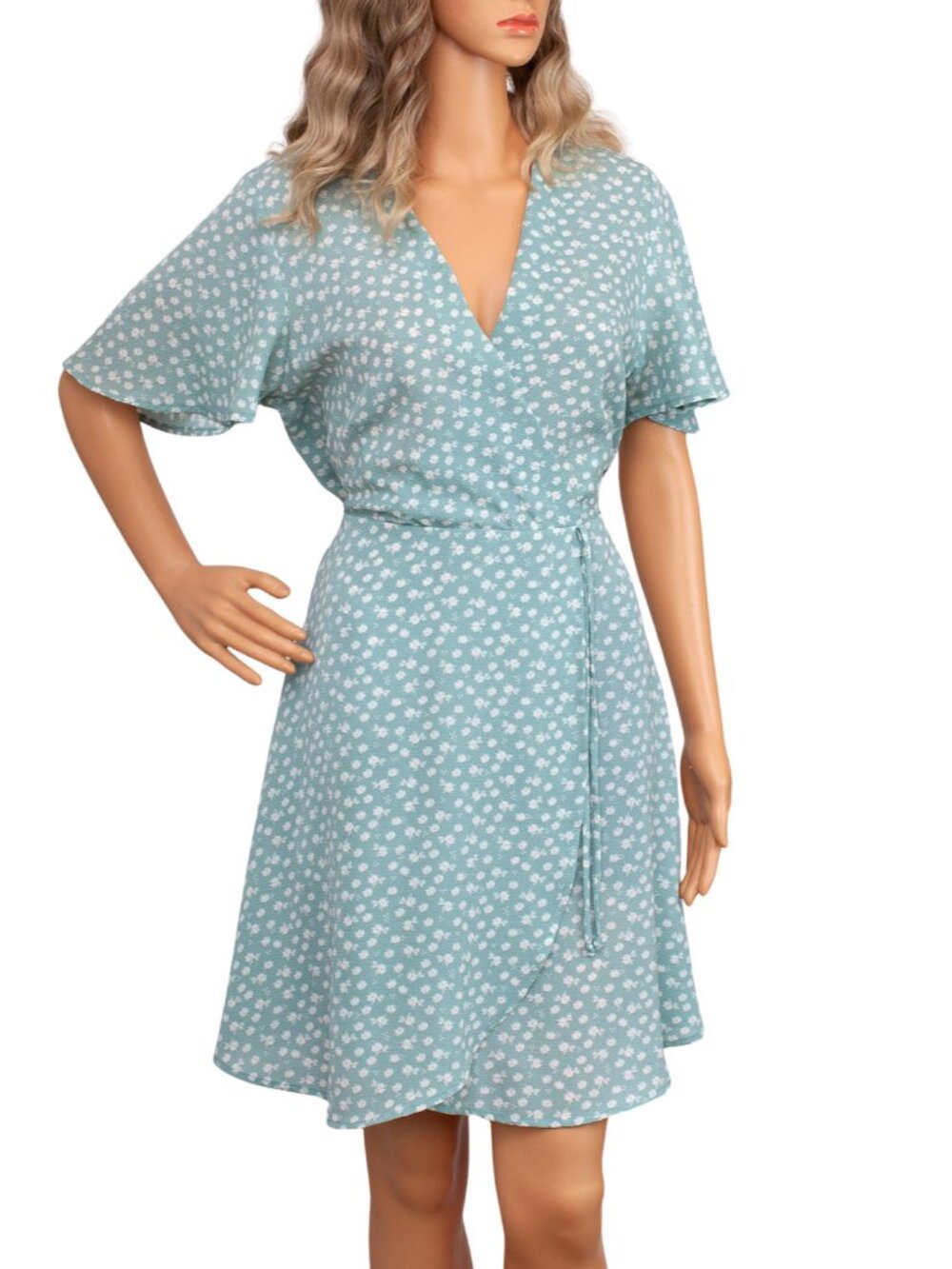 Monteau LA Sage Blue Ditsy Floral Wrap Dress Large Flutter Sleeves Tie Waist